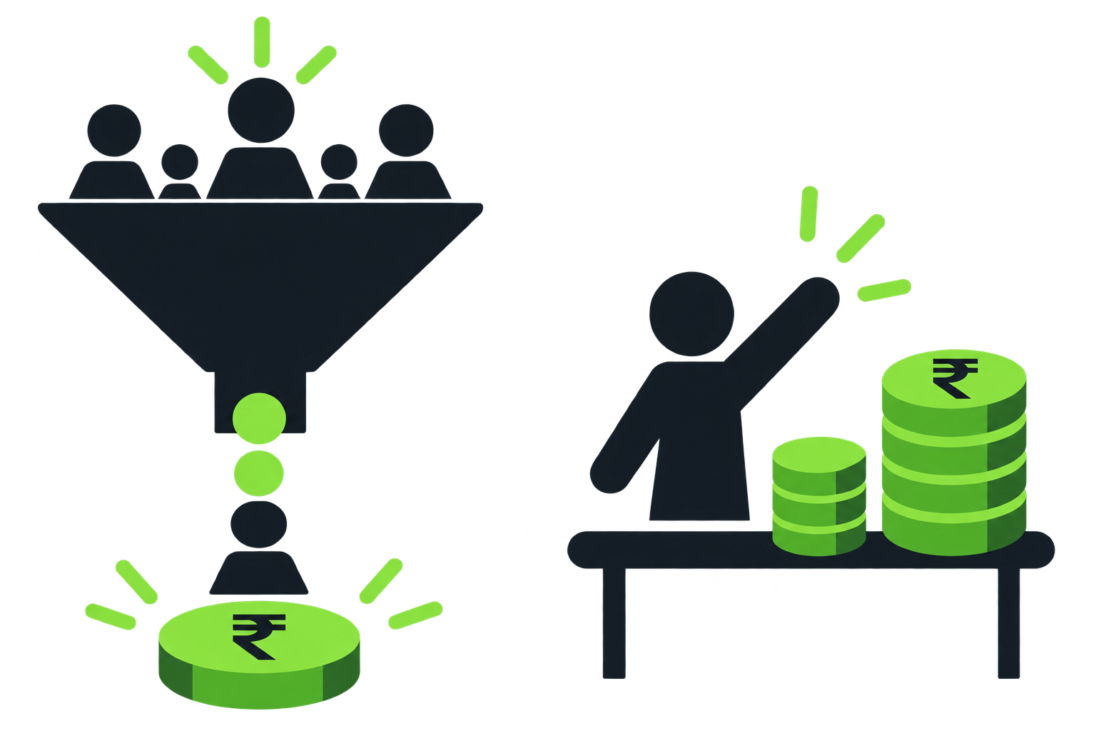 Illustration contrasting a crowd funnelled toward a single glowing coin with a figure freely stacking coins at an open desk