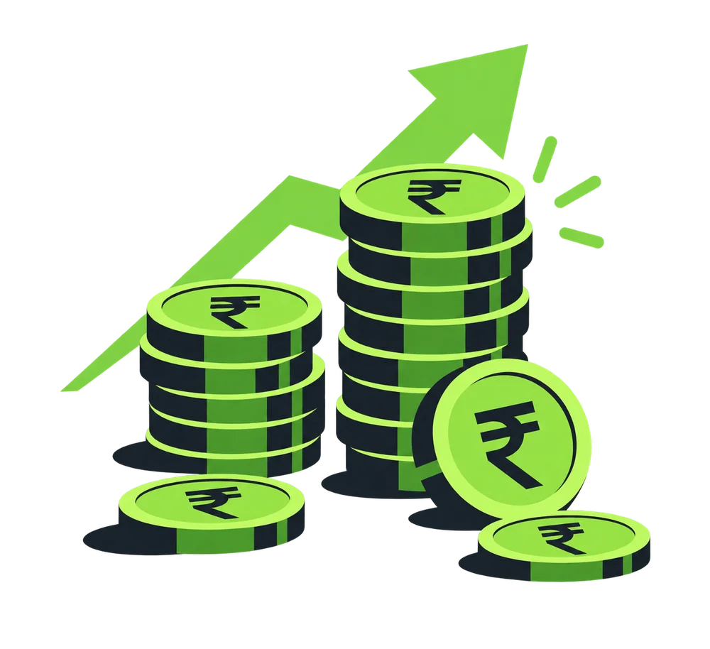 Illustration of rupee coin stacks growing next to an upward arrow